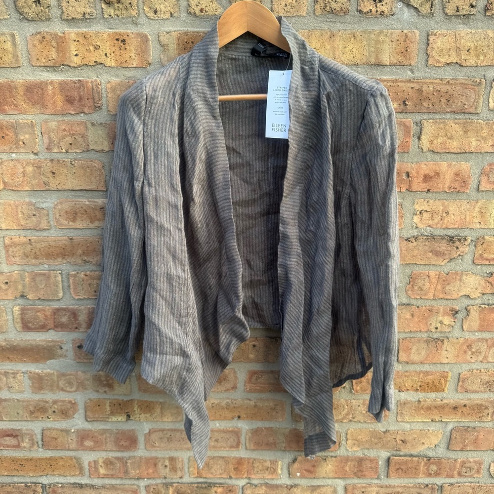 NWT Eileen Fisher Linen Open Front Waterfall Cardigan Gray Taupe Striped Sz M